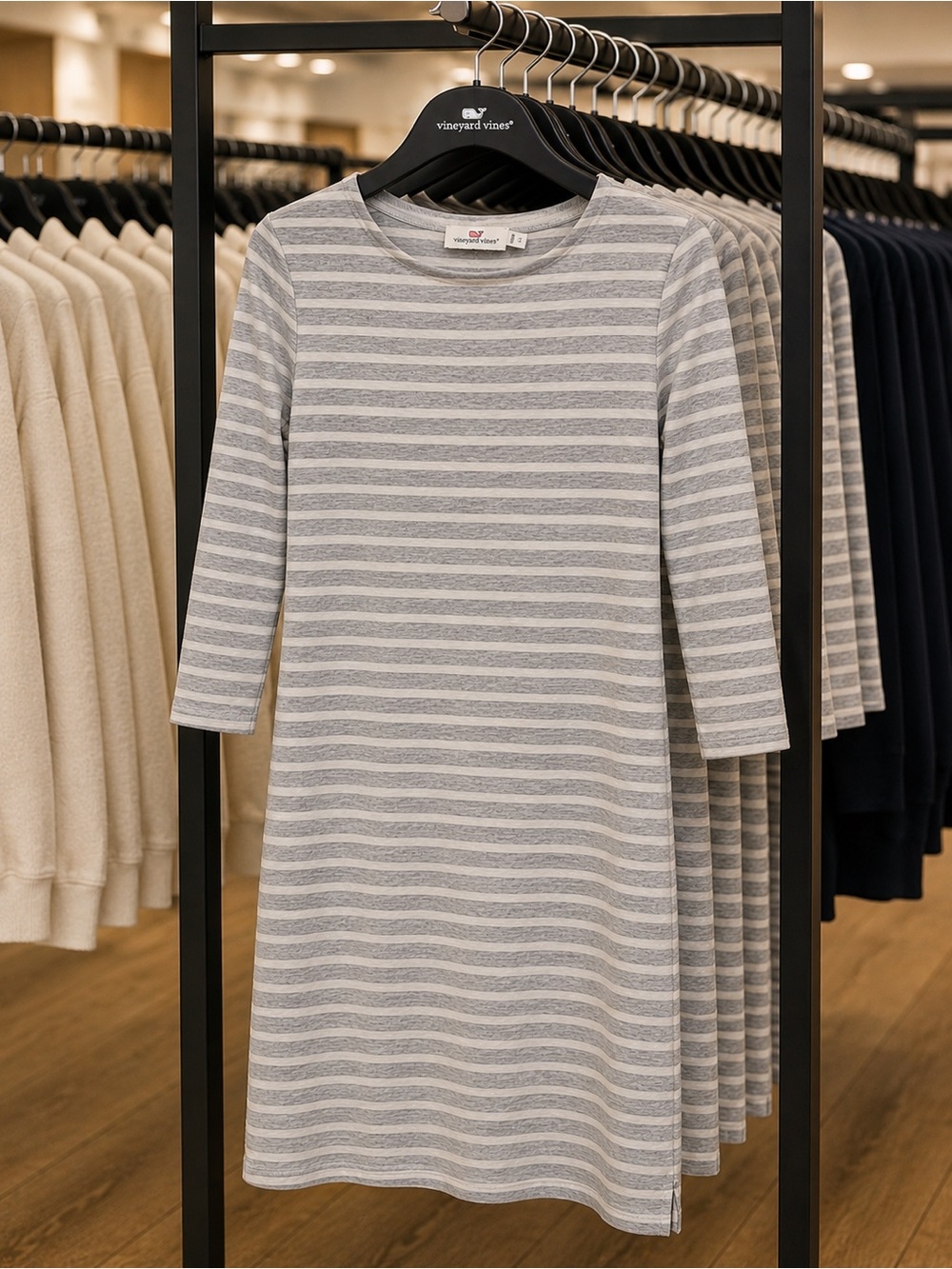 Vineyard Vines Gray & White Striped Midi Boatneck Dress